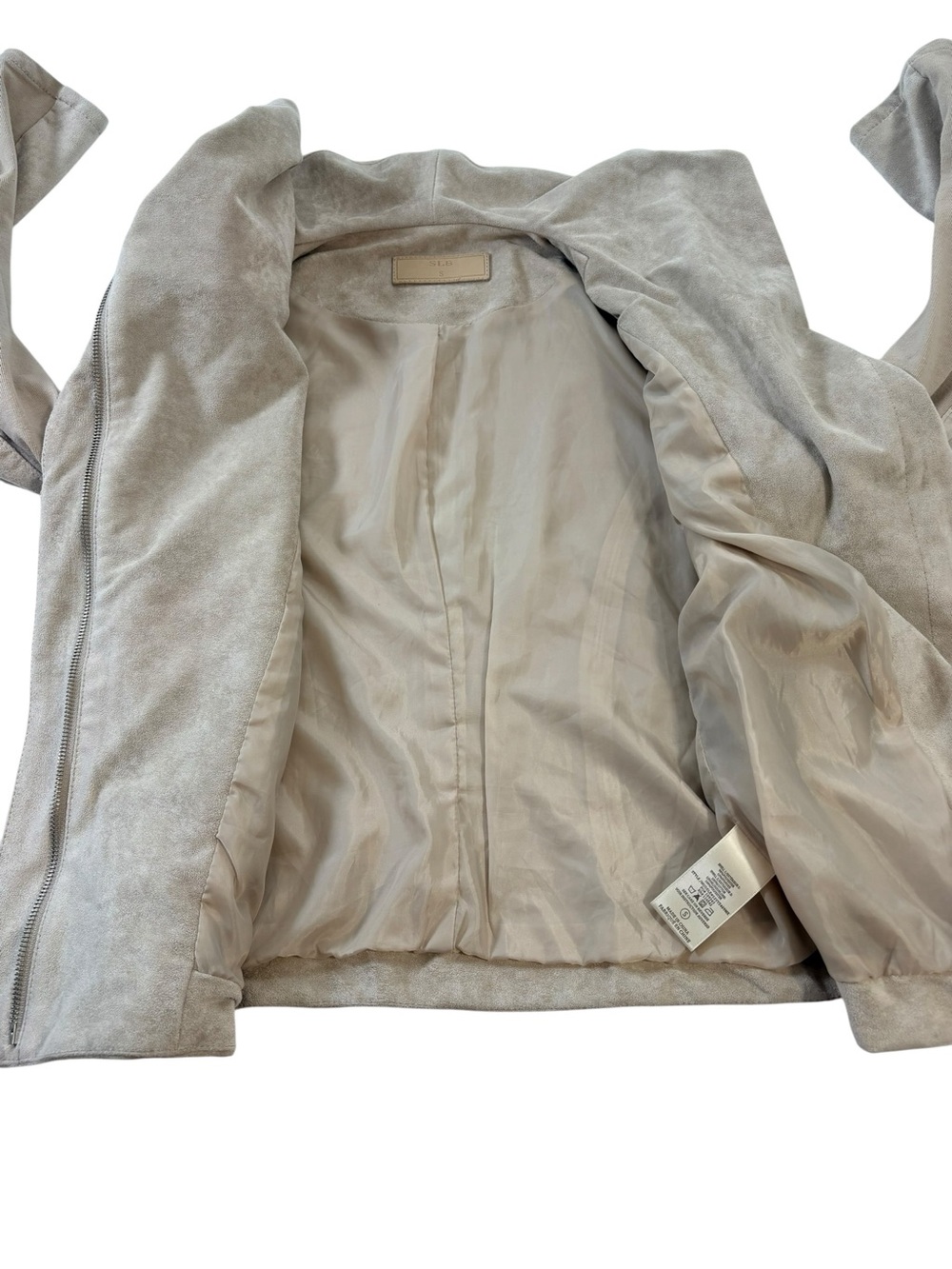SL8 Beige Faux Suede Moto Jacket Size Small Asymmetrical Zip Draped Collar - Picture 10 of 14